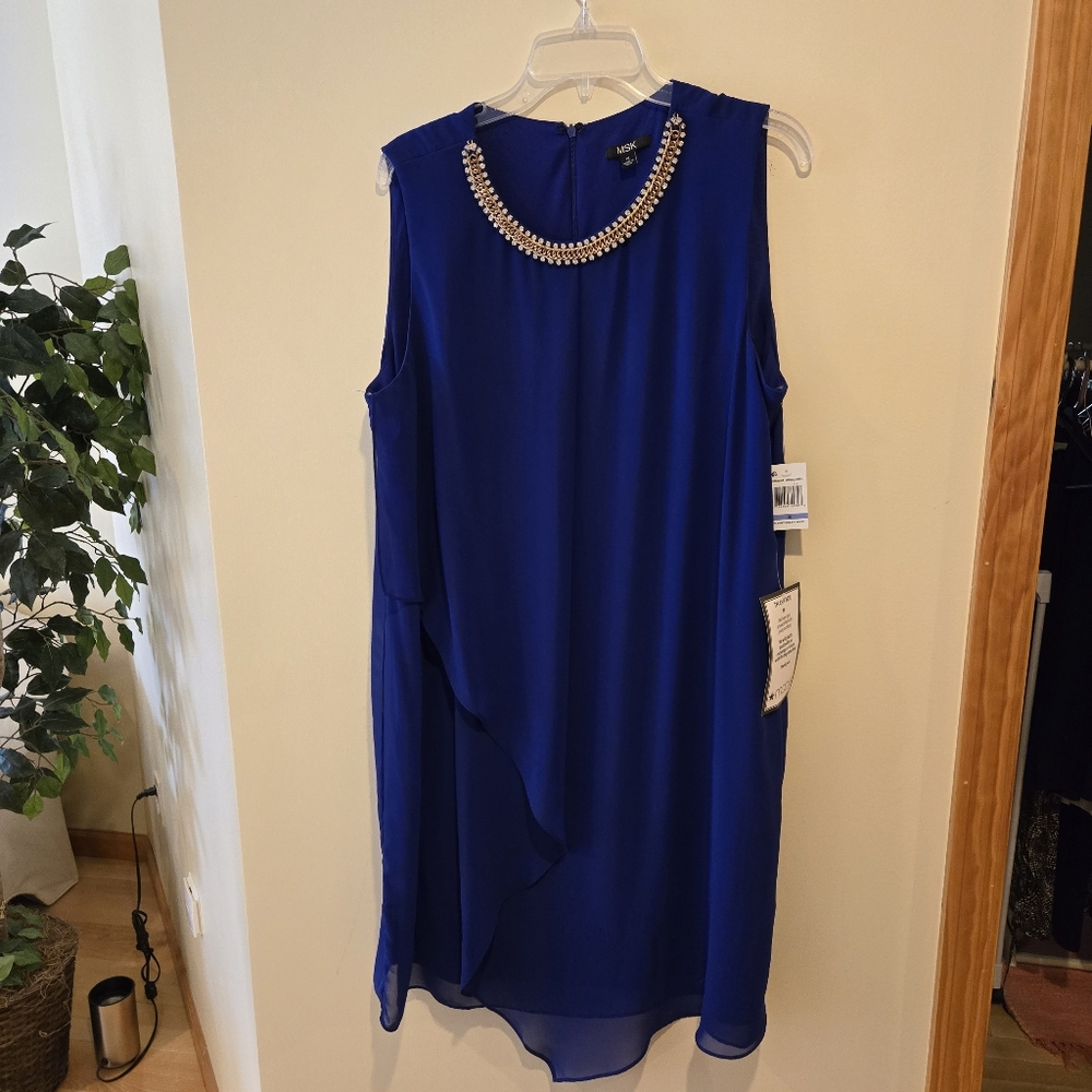 MSK Woman 18, Blue Sleeveless Dress, Jeweled Neckline,Sheer Overlay, NWTs